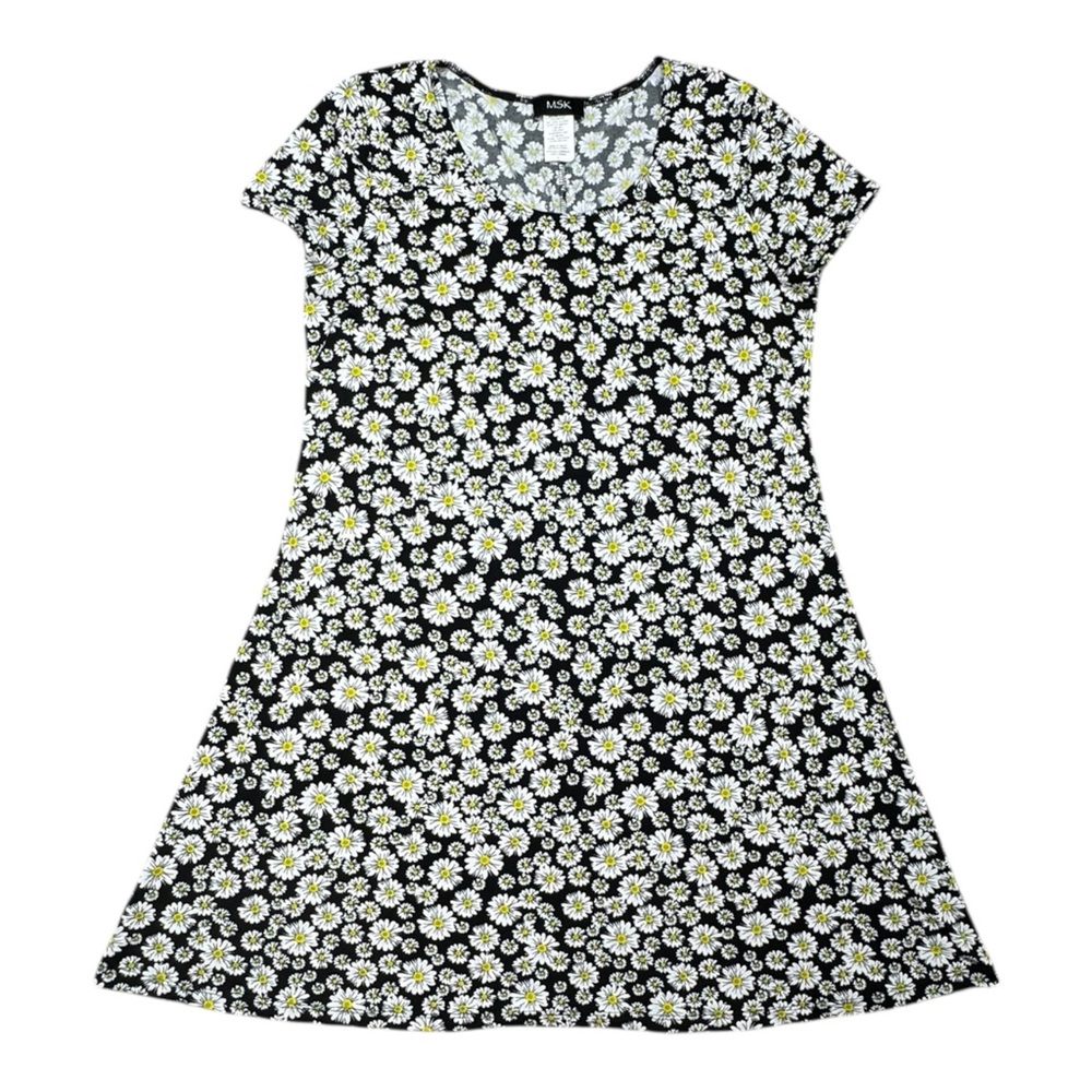 MSK Black Daisy Print Swing Dress Size L Cottagecore floral Y2K flowy Casual